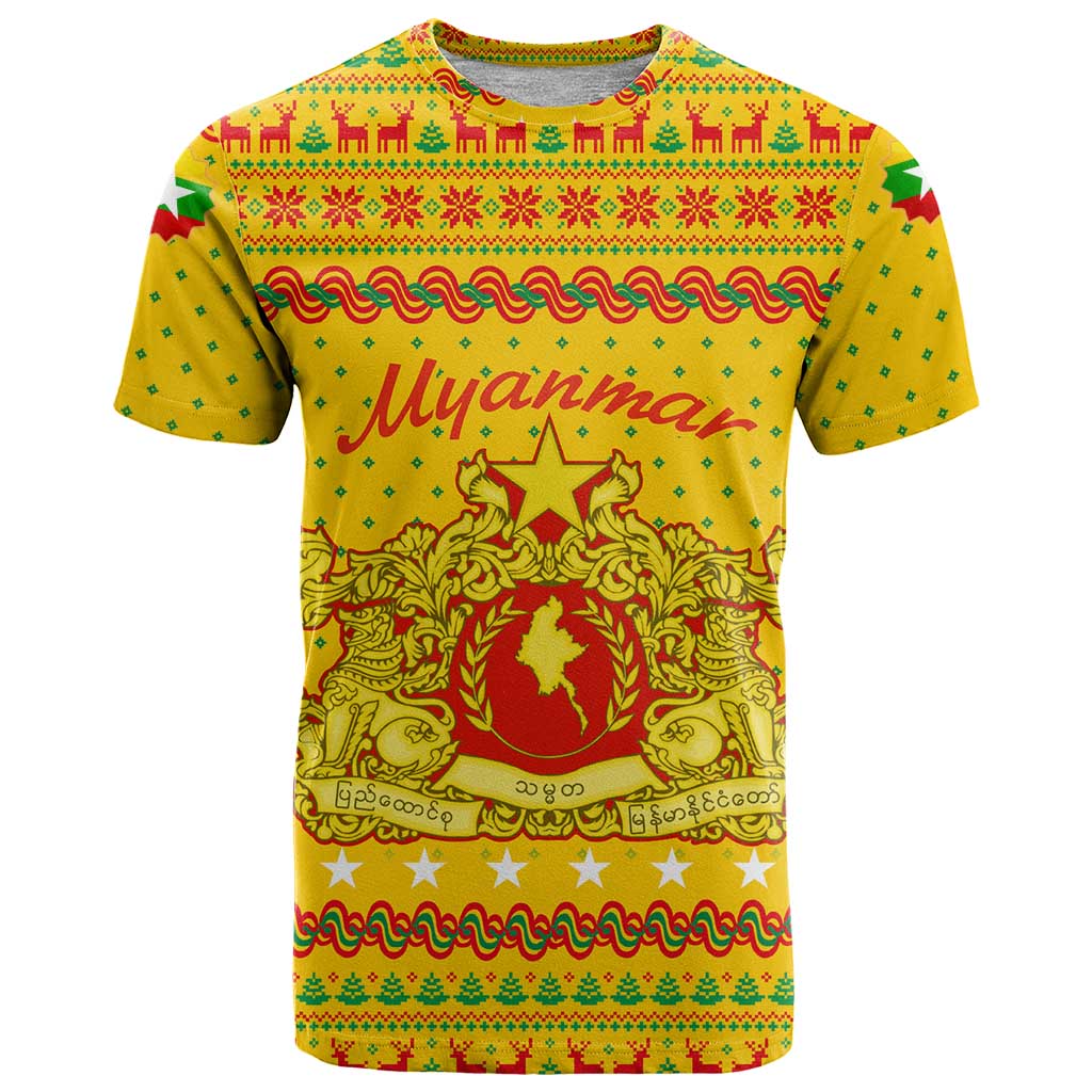Myanmar Christmas T-Shirt with Yellow-Red-Green Theme, National Emblem, and Star Motif Graphic Tee