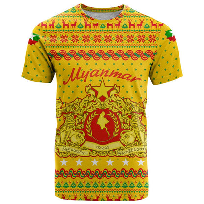 Myanmar Christmas T-Shirt with Yellow-Red-Green Theme, National Emblem, and Star Motif Graphic Tee