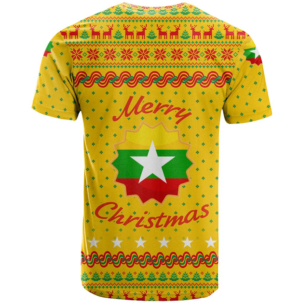 Myanmar Christmas T-Shirt with Yellow-Red-Green Theme, National Emblem, and Star Motif Graphic Tee