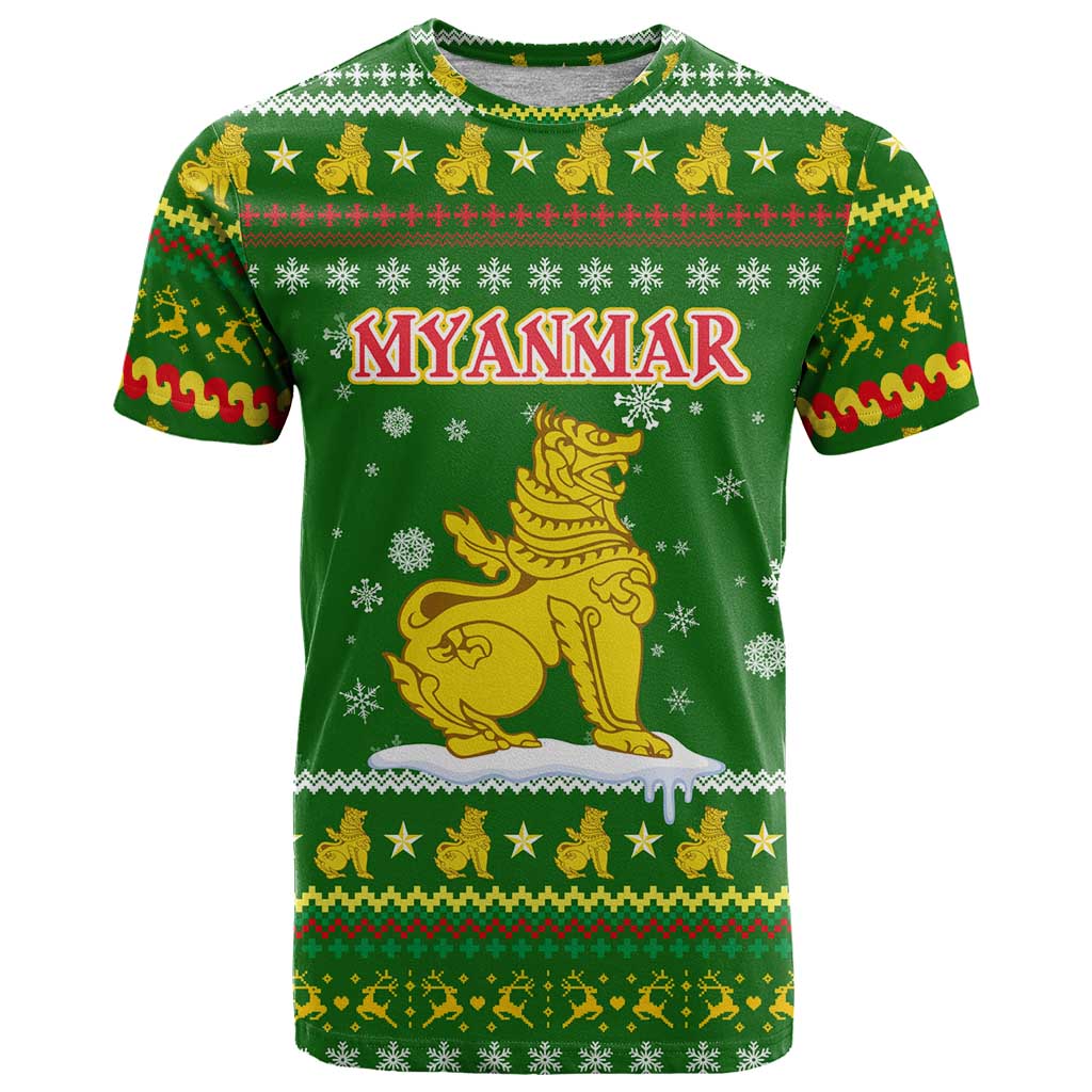 Myanmar Christmas T-Shirt with Green-Gold Theme, Chinthe Lion, and Santa Motif Graphic Tee
