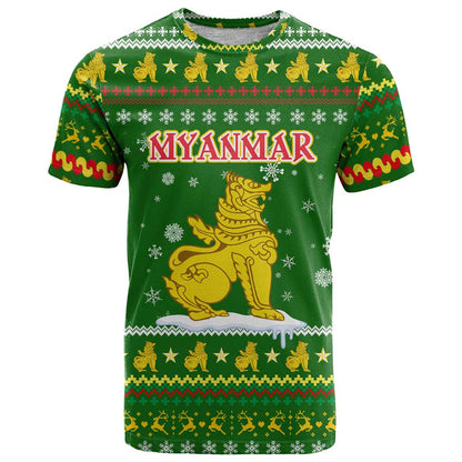 Myanmar Christmas T-Shirt with Green-Gold Theme, Chinthe Lion, and Santa Motif Graphic Tee