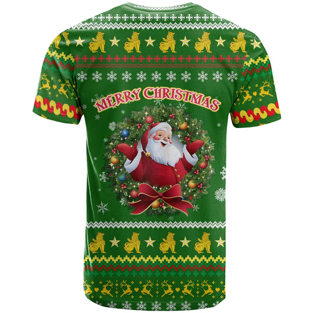 Myanmar Christmas T-Shirt with Green-Gold Theme, Chinthe Lion, and Santa Motif Graphic Tee