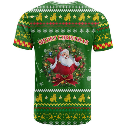 Myanmar Christmas T-Shirt with Green-Gold Theme, Chinthe Lion, and Santa Motif Graphic Tee