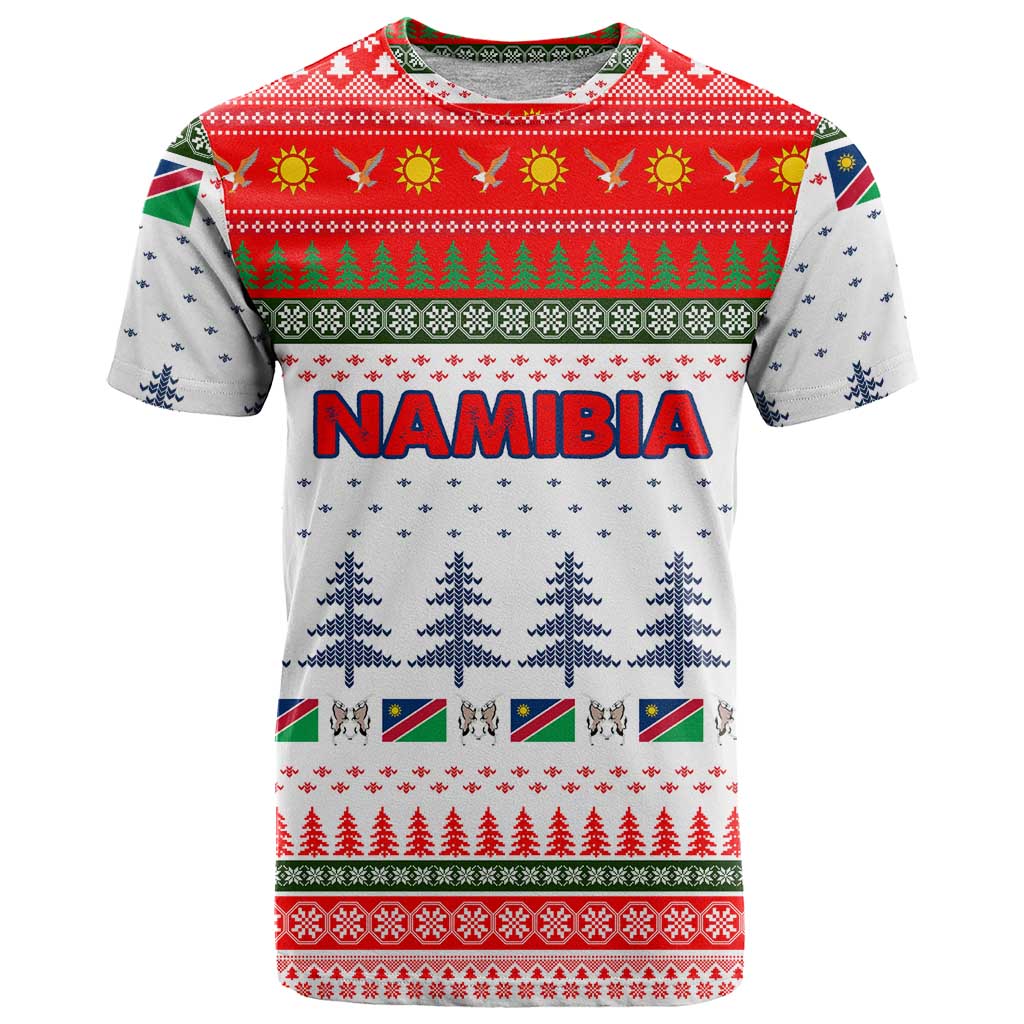 Namibia Christmas T-Shirt with Red-Green Theme, Coat of Arms, and National Flag Motif Graphic Tee
