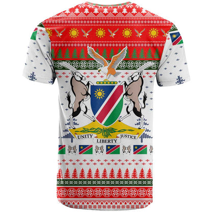 Namibia Christmas T-Shirt with Red-Green Theme, Coat of Arms, and National Flag Motif Graphic Tee