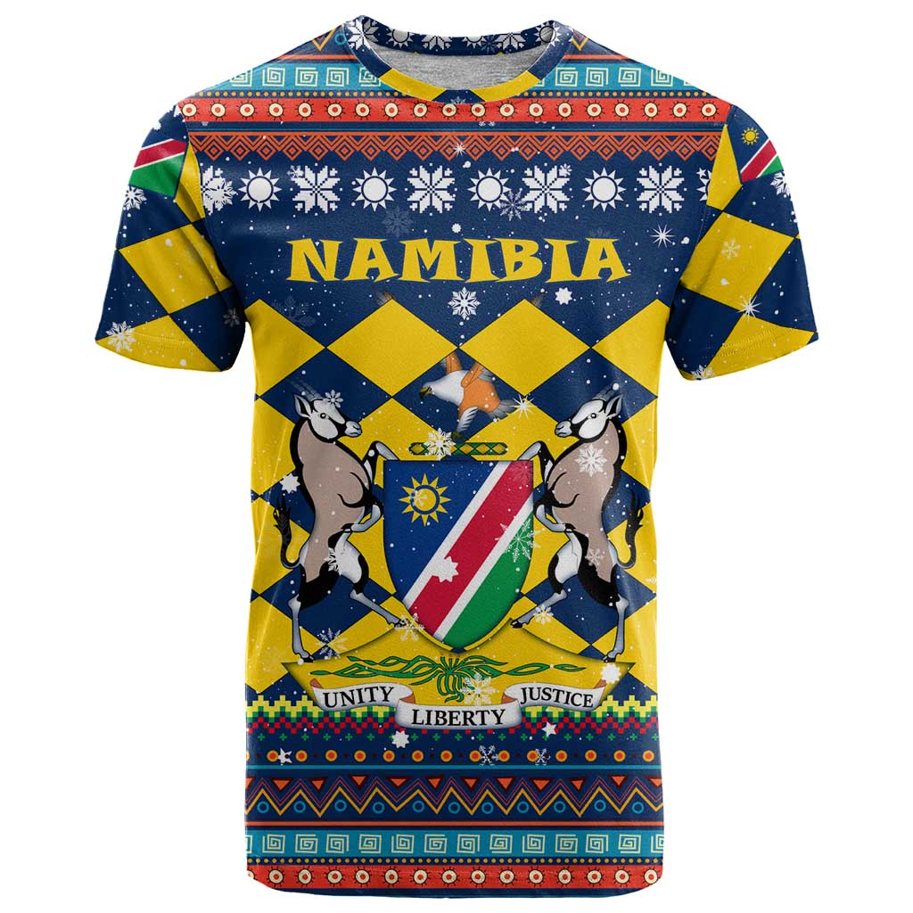 Namibia Christmas T-Shirt with Blue-Yellow Diamond Pattern, Coat of Arms, and Flag Map Motif Graphic Tee