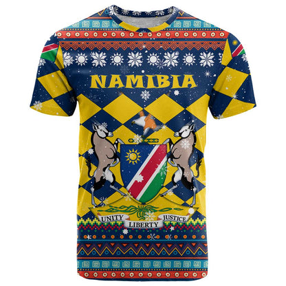 Namibia Christmas T-Shirt with Blue-Yellow Diamond Pattern, Coat of Arms, and Flag Map Motif Graphic Tee