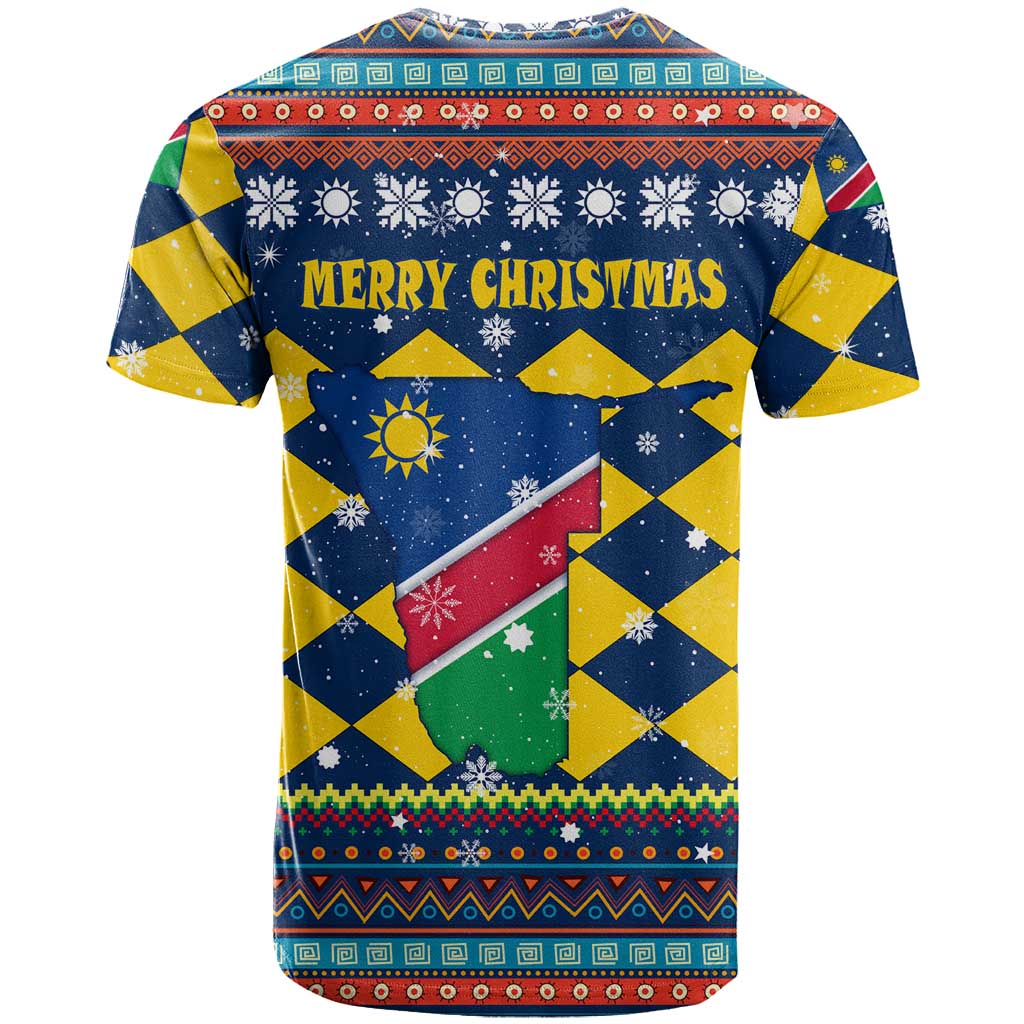 Namibia Christmas T-Shirt with Blue-Yellow Diamond Pattern, Coat of Arms, and Flag Map Motif Graphic Tee