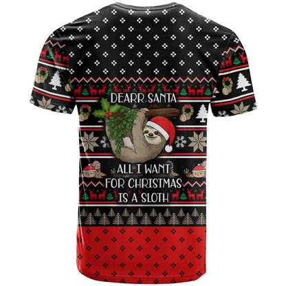 Sloth All I Want For Christmas T-Shirt Xmas Holiday Patterns Graphic Tee