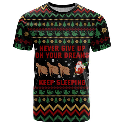 Sloth Keep Sleeping Christmas T-Shirt Xmas Holiday Patterns Graphic Tee
