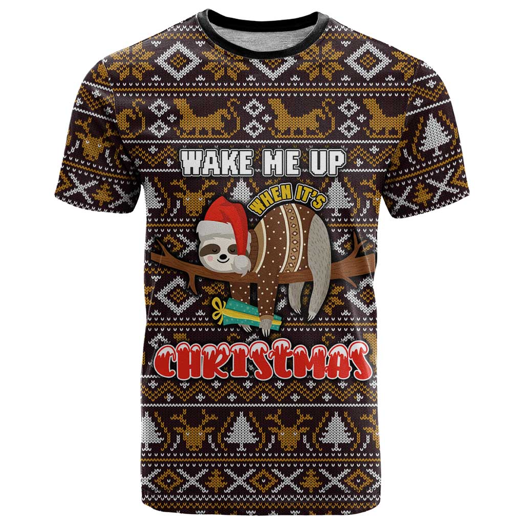 Sloth Wake Me Up Christmas T-Shirt Xmas Holiday Patterns Graphic Tee
