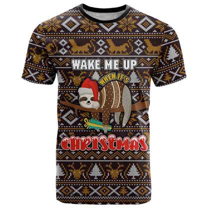 Sloth Wake Me Up Christmas T-Shirt Xmas Holiday Patterns Graphic Tee