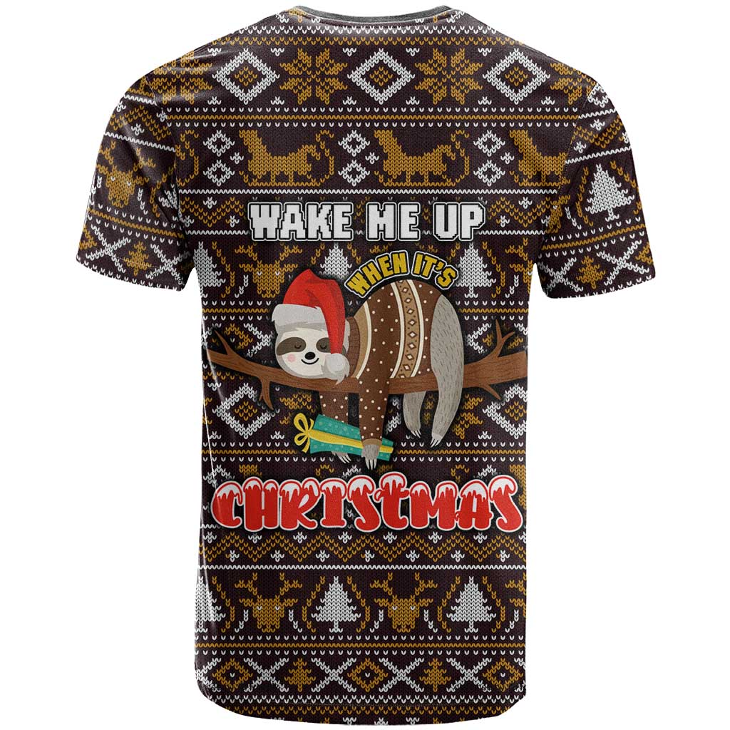 Sloth Wake Me Up Christmas T-Shirt Xmas Holiday Patterns Graphic Tee