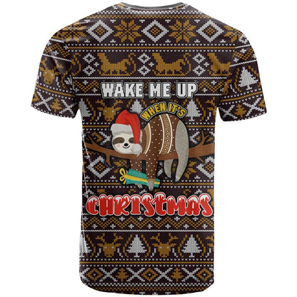 Sloth Wake Me Up Christmas T-Shirt Xmas Holiday Patterns Graphic Tee