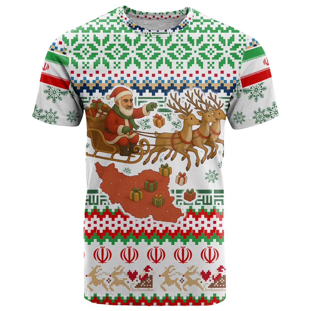 Iran Christmas T-Shirt with Santa Sleigh Reindeer Map and Green Red Snowflake Pattern Graphic Tee