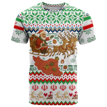 Iran Christmas T-Shirt with Santa Sleigh Reindeer Map and Green Red Snowflake Pattern Graphic Tee