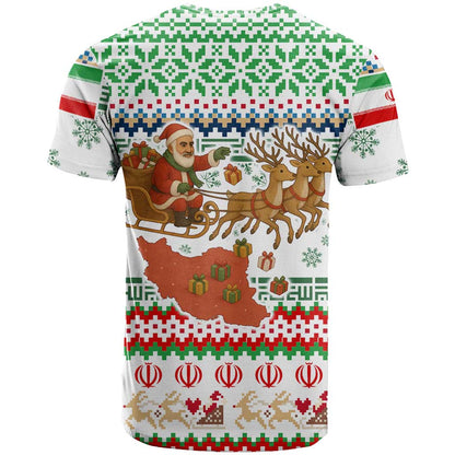 Iran Christmas T-Shirt with Santa Sleigh Reindeer Map and Green Red Snowflake Pattern Graphic Tee
