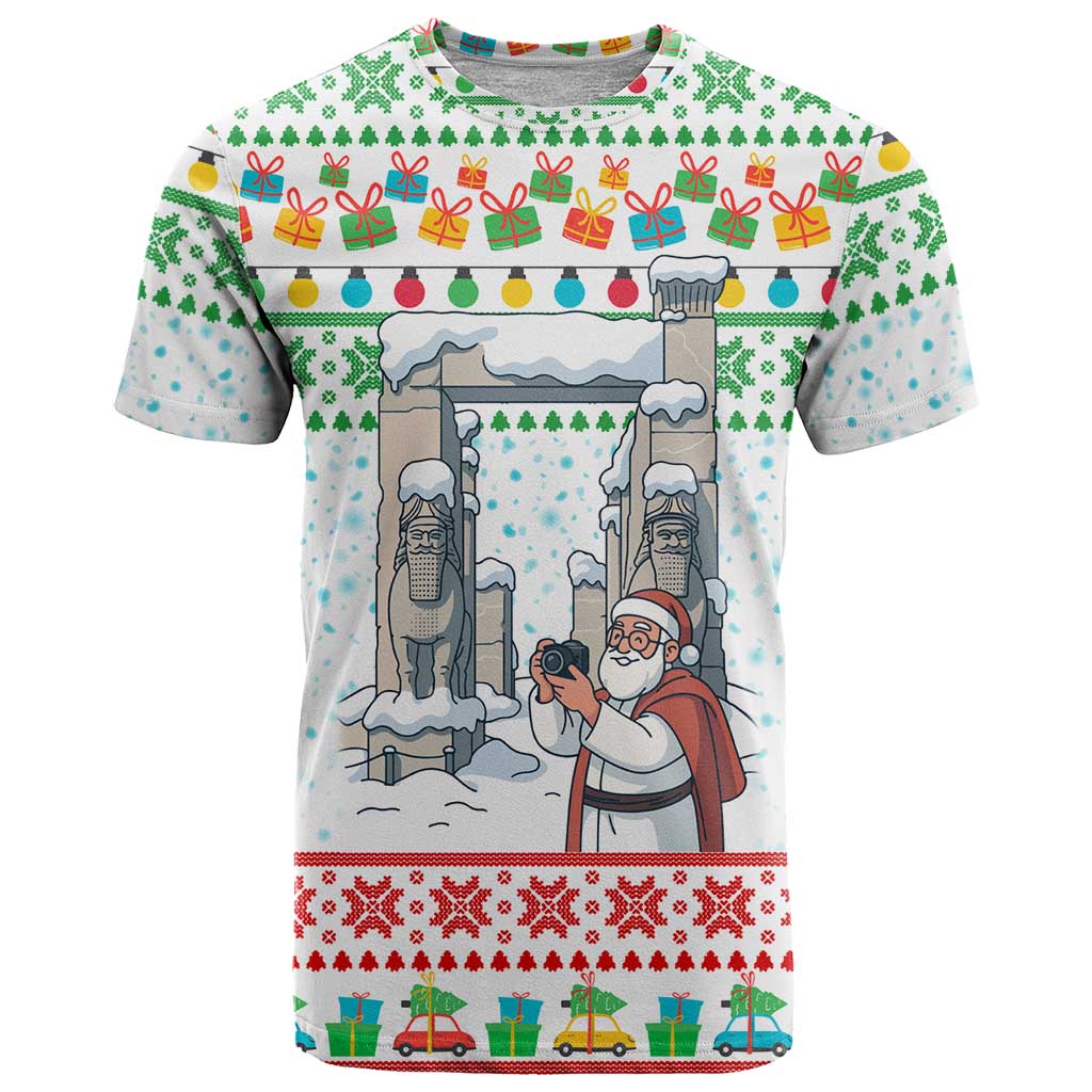 Iran Christmas T-Shirt with Santa Taking Photos Ancient Columns and Snowflake Gift Pattern Graphic Tee