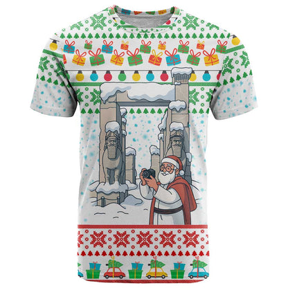 Iran Christmas T-Shirt with Santa Taking Photos Ancient Columns and Snowflake Gift Pattern Graphic Tee