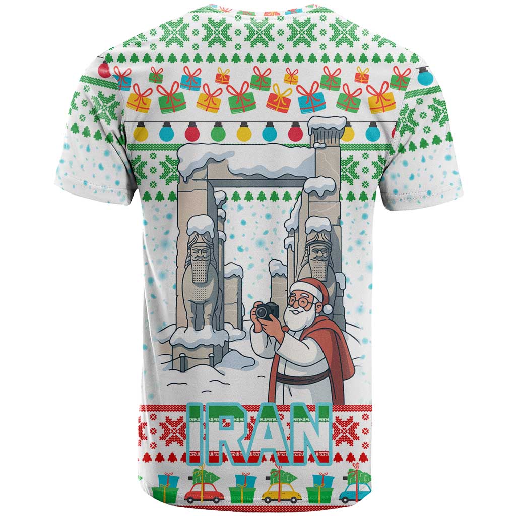 Iran Christmas T-Shirt with Santa Taking Photos Ancient Columns and Snowflake Gift Pattern Graphic Tee