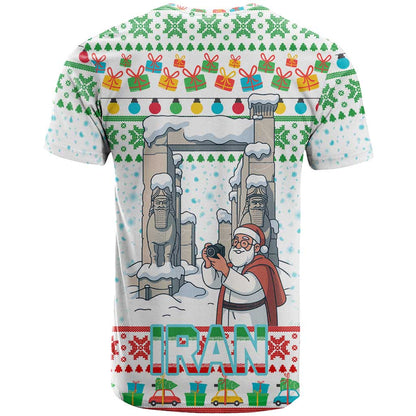 Iran Christmas T-Shirt with Santa Taking Photos Ancient Columns and Snowflake Gift Pattern Graphic Tee