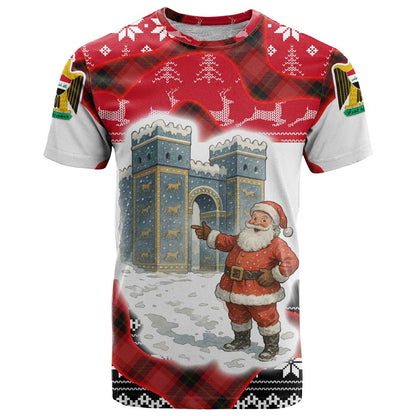 Iraq Christmas T-Shirt with Santa Ishtar Gate Red Plaid and Snowflake Reindeer Pattern Graphic Tee