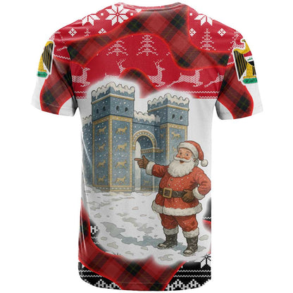 Iraq Christmas T-Shirt with Santa Ishtar Gate Red Plaid and Snowflake Reindeer Pattern Graphic Tee