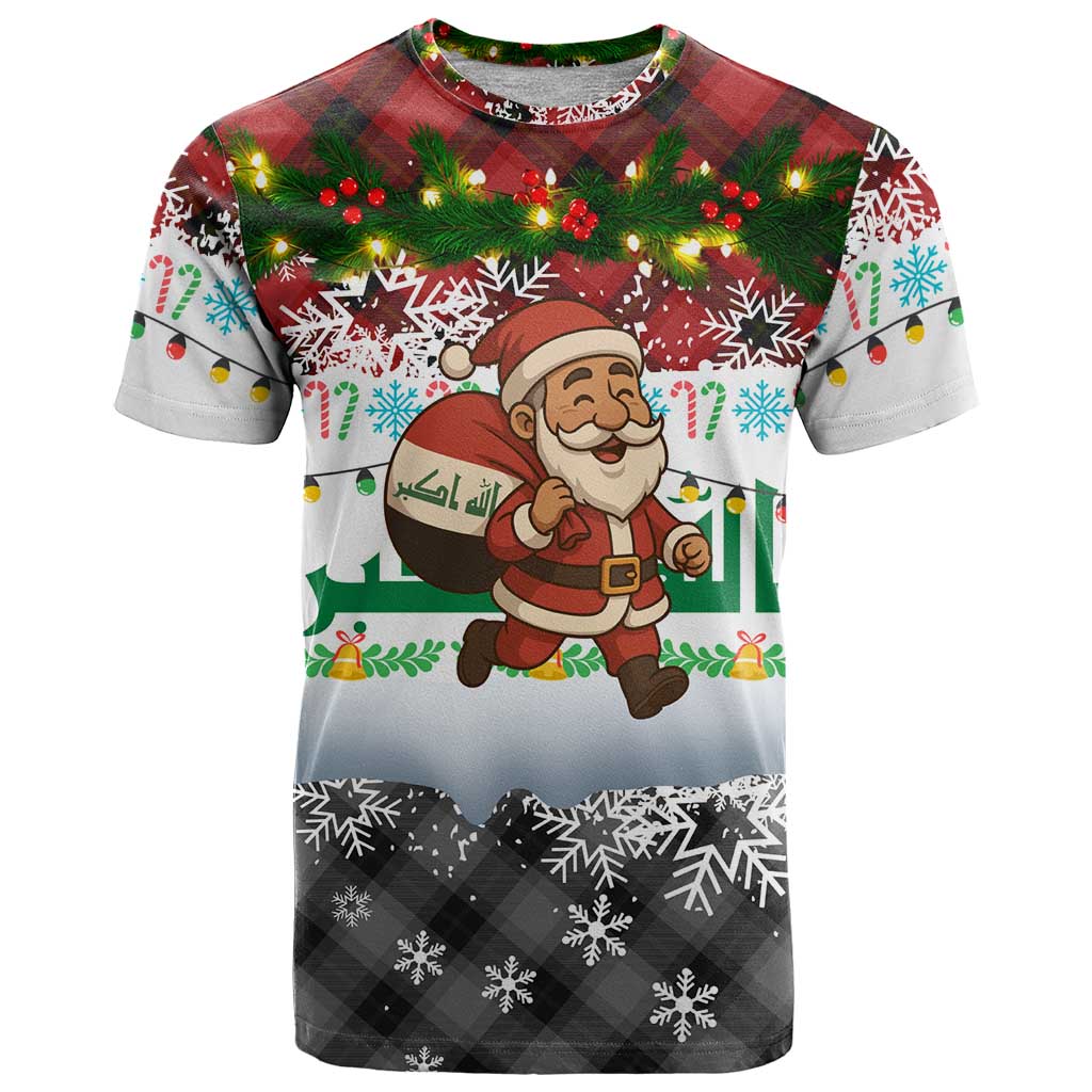 Iraq Christmas T-Shirt with Santa Carrying Gift Bag Flag Garland and Snowflake Plaid Pattern Graphic Tee