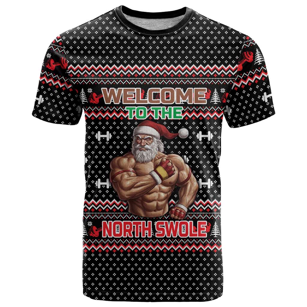 Bodybuilder Santa Christmas T-Shirt with Welcome to the North Swole Quote and Dumbbell Graphic Tee