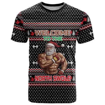 Bodybuilder Santa Christmas T-Shirt with Welcome to the North Swole Quote and Dumbbell Graphic Tee