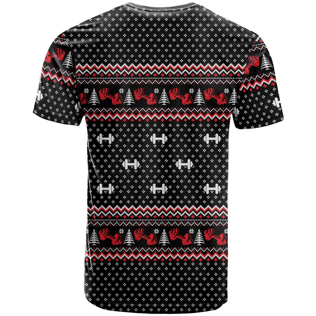 Bodybuilder Santa Christmas T-Shirt with Welcome to the North Swole Quote and Dumbbell Graphic Tee