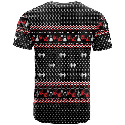 Bodybuilder Santa Christmas T-Shirt with Welcome to the North Swole Quote and Dumbbell Graphic Tee