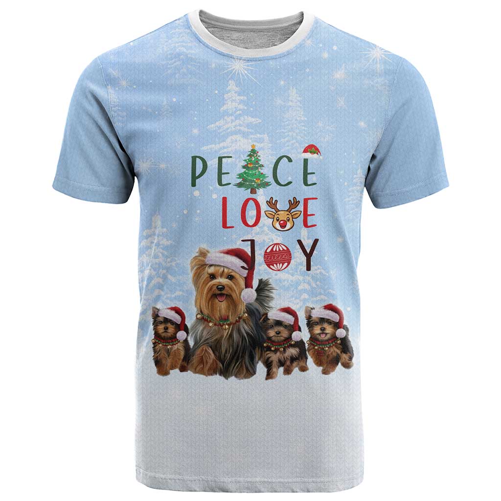 Yorkshire Terrier Dog Christmas T-Shirt with Peace Love Joy Quote and Santa Hat Puppies in Snowy Winter Scene Graphic Tee