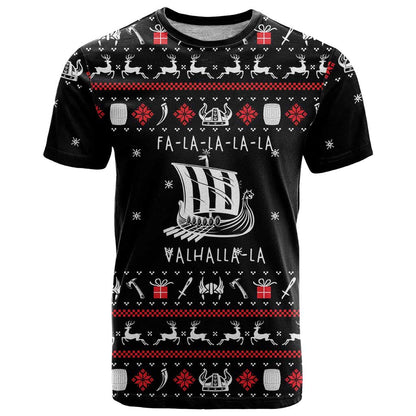 Viking Christmas T-Shirt with Fa La La La La Valhalla Quote and Longship Nordic Pattern Graphic Tee