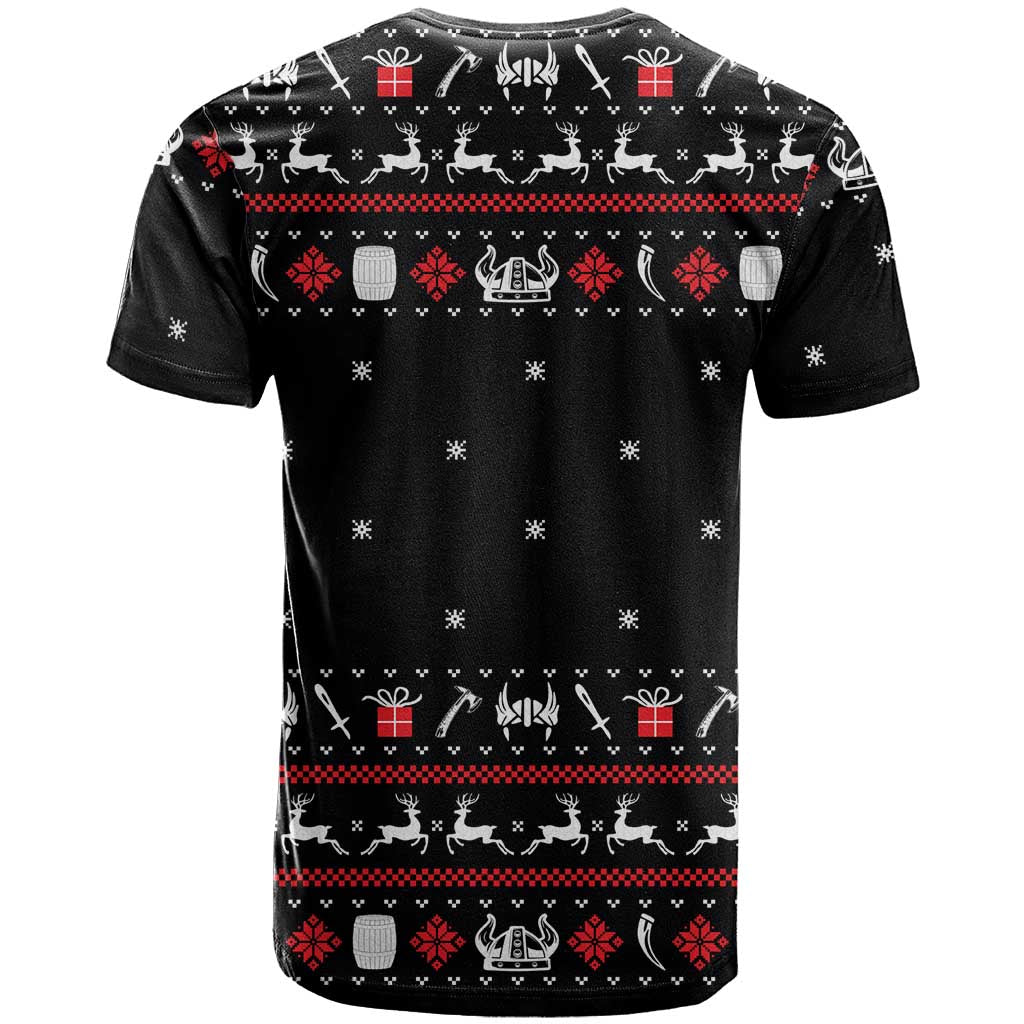 Viking Christmas T-Shirt with Fa La La La La Valhalla Quote and Longship Nordic Pattern Graphic Tee