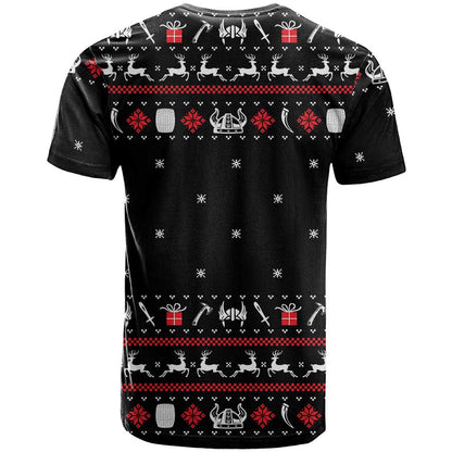Viking Christmas T-Shirt with Fa La La La La Valhalla Quote and Longship Nordic Pattern Graphic Tee