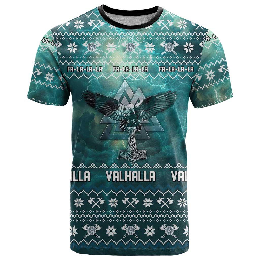 Viking Valhalla Christmas T-Shirt with Norse Symbols Raven and Fa La La La Design Graphic Tee