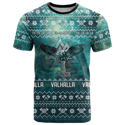Viking Valhalla Christmas T-Shirt with Norse Symbols Raven and Fa La La La Design Graphic Tee