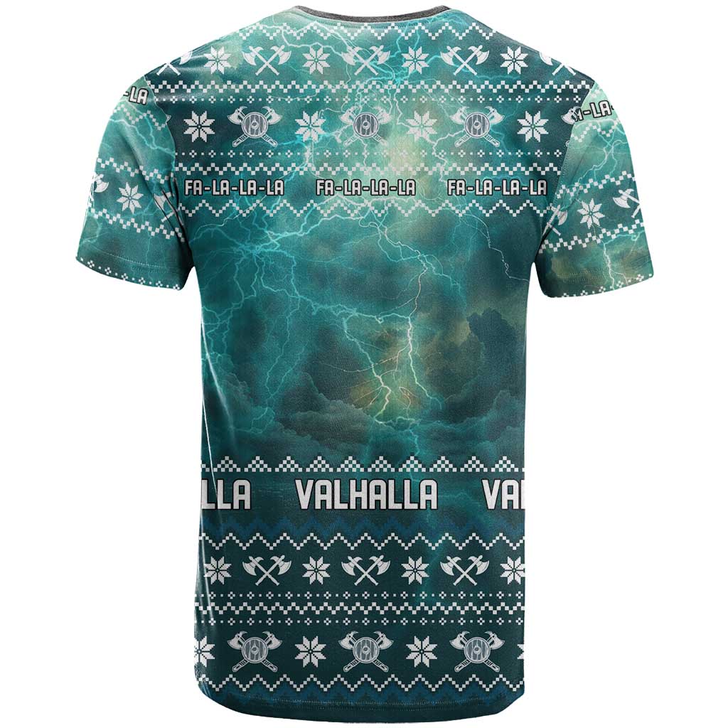 Viking Valhalla Christmas T-Shirt with Norse Symbols Raven and Fa La La La Design Graphic Tee