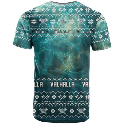 Viking Valhalla Christmas T-Shirt with Norse Symbols Raven and Fa La La La Design Graphic Tee