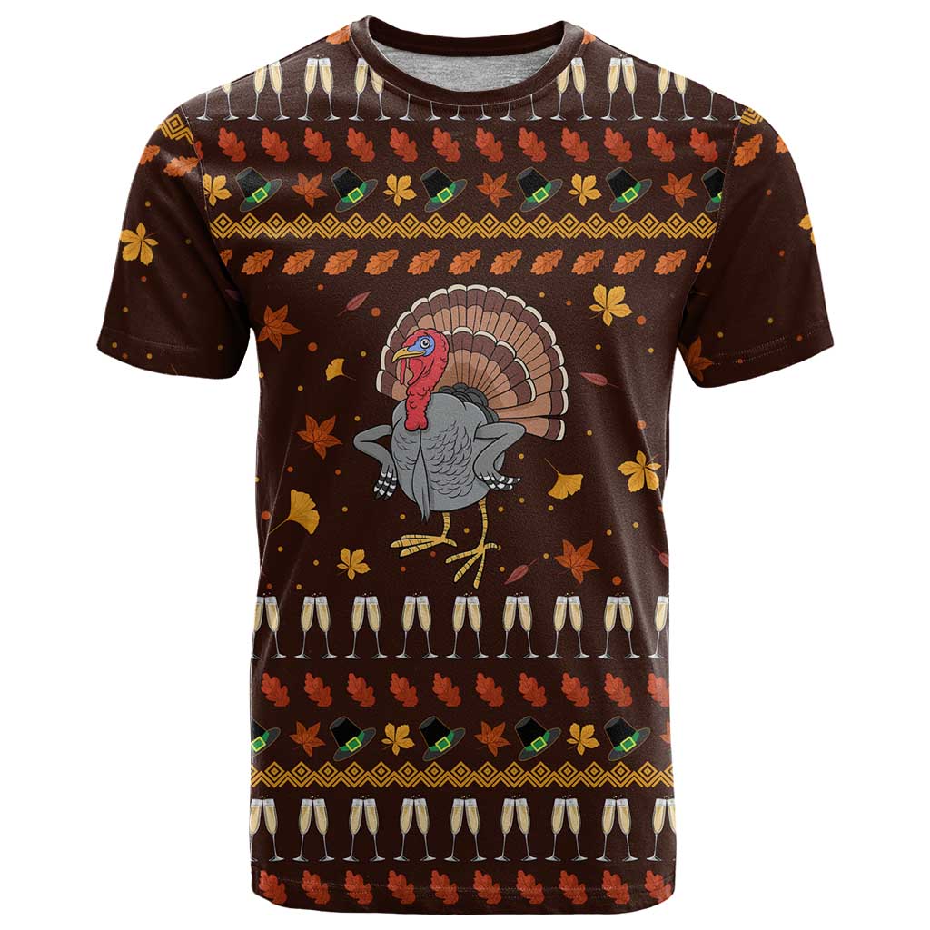 Turkey And WIne Christmas T-Shirt Xmas Holiday Patterns Graphic Tee