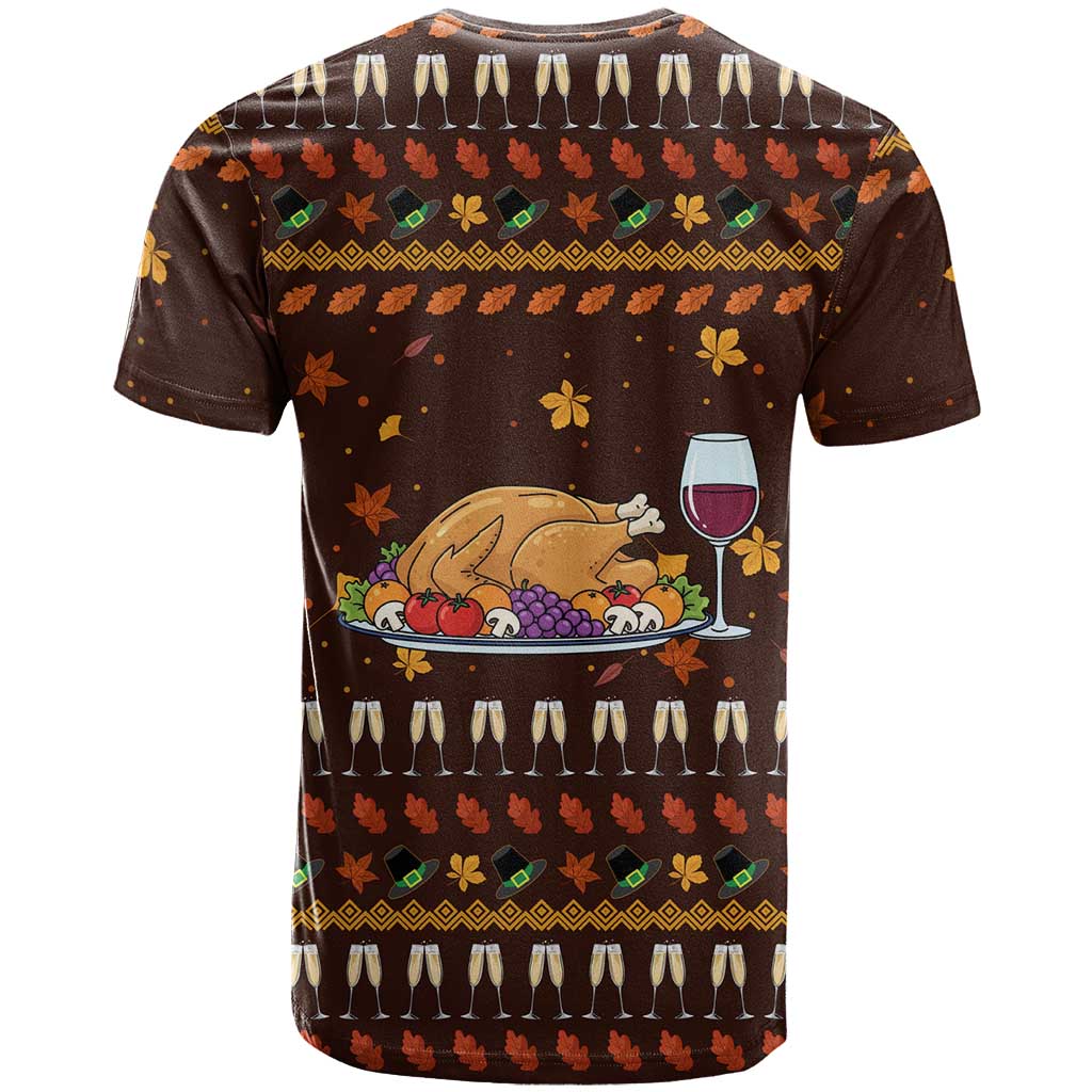 Turkey And WIne Christmas T-Shirt Xmas Holiday Patterns Graphic Tee