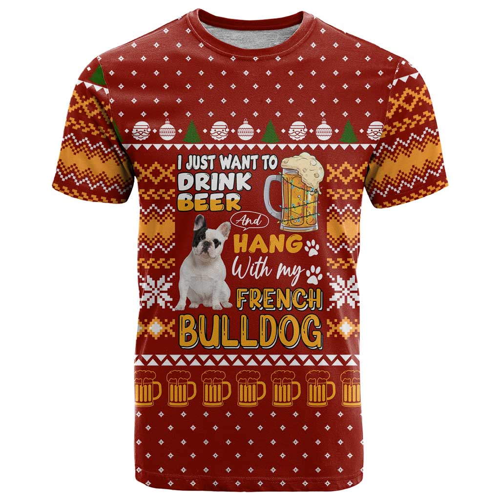 Drink Beer With French Bulldog Christmas T-Shirt Xmas Holiday Patterns Graphic Tee
