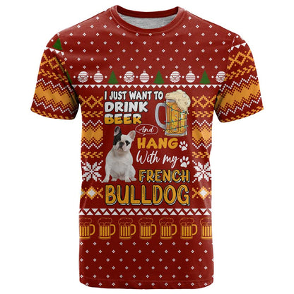 Drink Beer With French Bulldog Christmas T-Shirt Xmas Holiday Patterns Graphic Tee