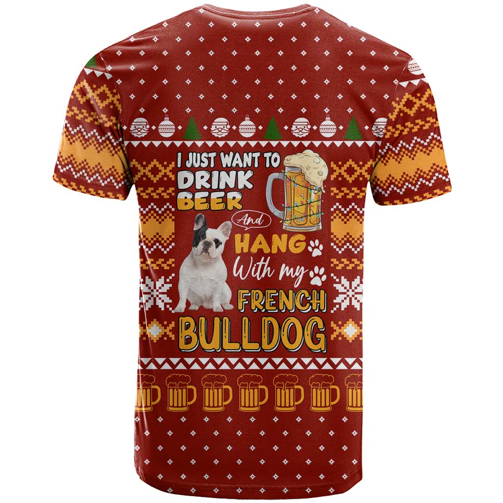Drink Beer With French Bulldog Christmas T-Shirt Xmas Holiday Patterns Graphic Tee
