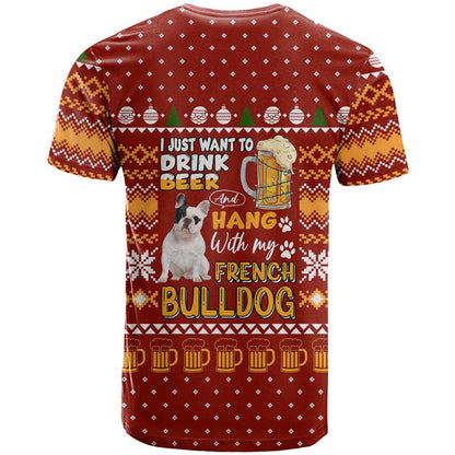 Drink Beer With French Bulldog Christmas T-Shirt Xmas Holiday Patterns Graphic Tee