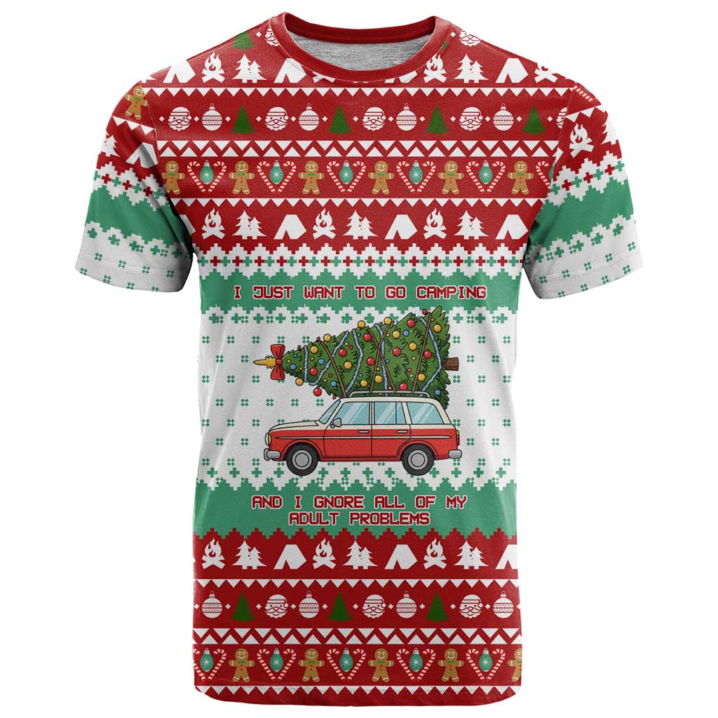I Just Want To Camping Christmas T-Shirt Xmas Holiday Patterns Graphic Tee