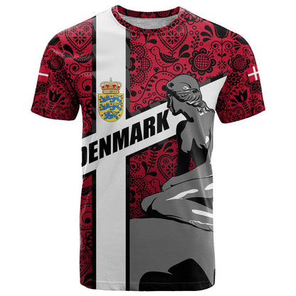 Denmark T-Shirt with The Little Mermaid Statue, Danish Folk Patterns, National Heritage Pride Graphic Tee