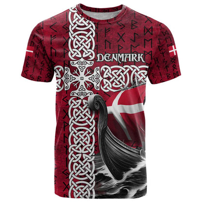 Denmark Viking Longship T-Shirt Norse Rune & Celtic Cross Danish Flag Graphic Tee
