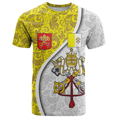 Vatican City T-Shirt Papal Keys & Tiara Emblem with Gold Baroque Pattern Graphic Tee